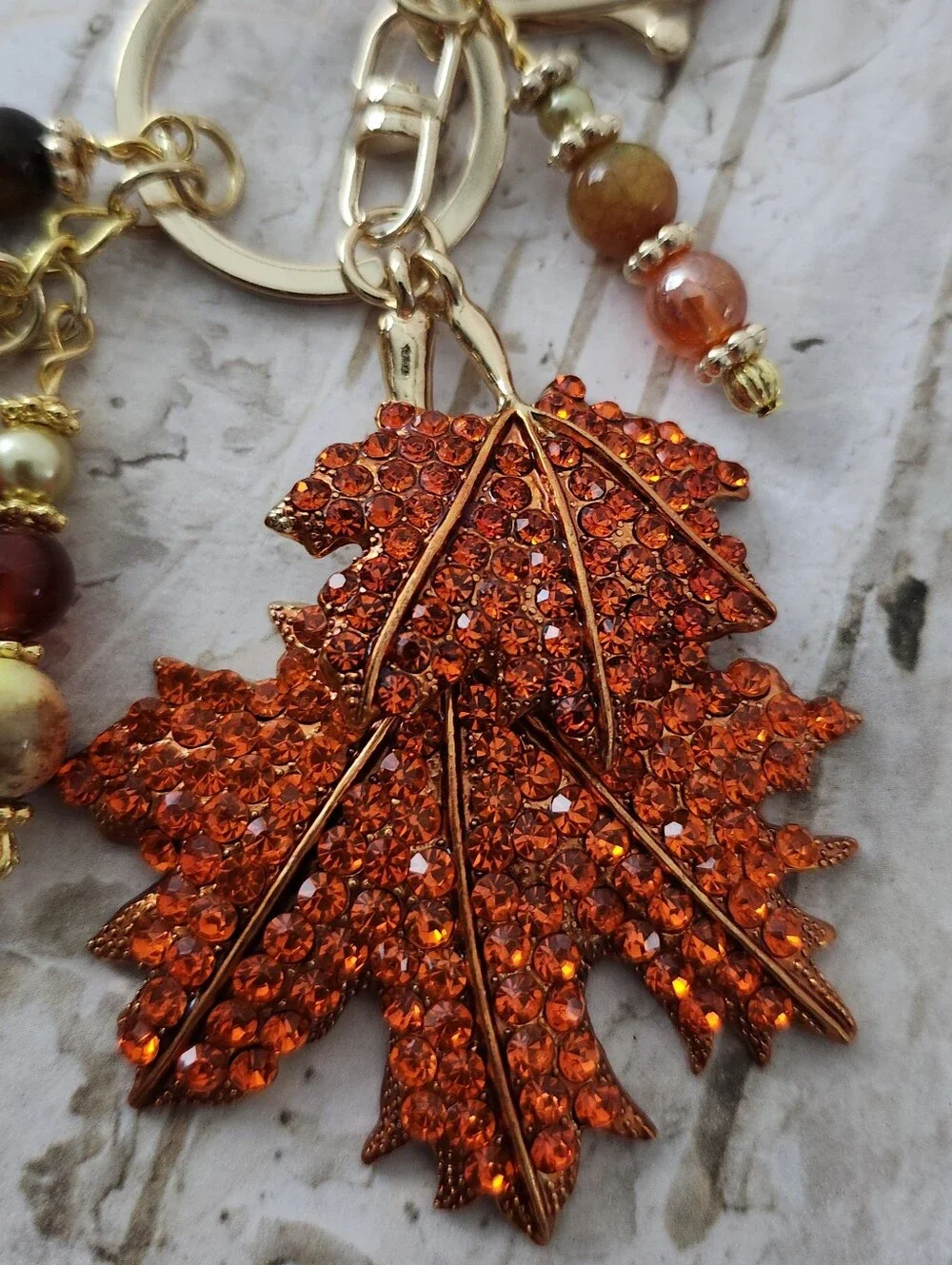 Autumn Leaf Purse Charm or Keychain Fire Agate Jasper Carnelian Handcrafted